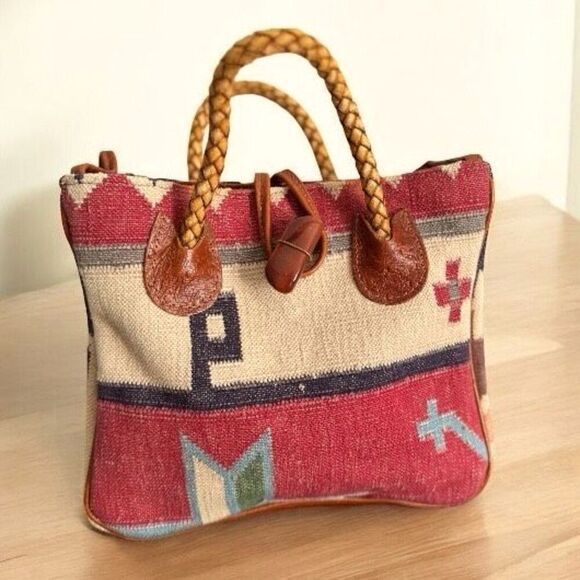 Vintage Boho Kilim Carpet Leather Tote Bag With Stone Closure Red - Picture 1 of 9